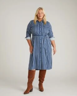 Cooling Stretch Cupro Striped Shirt Dress - Savannah Utility Dress in Ensign Blue -UNIVERSAL STANDARD USDR1421XP 924 Cooling Stretch Cupro Savannah Dress Ensign Blue Stripe 001 064