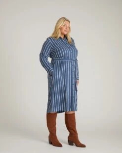 Cooling Stretch Cupro Striped Shirt Dress - Savannah Utility Dress in Ensign Blue -UNIVERSAL STANDARD USDR1421XP 924 Cooling Stretch Cupro Savannah Dress Ensign Blue Stripe 002 076