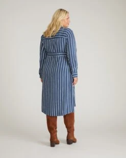 Cooling Stretch Cupro Striped Shirt Dress - Savannah Utility Dress in Ensign Blue -UNIVERSAL STANDARD USDR1421XP 924 Cooling Stretch Cupro Savannah Dress Ensign Blue Stripe 003 078
