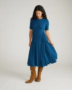 Sophisticated Deep Teal Liquid Jersey Dress - Versatile Work-to-Dinner Style