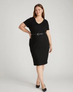 V Neck Ponte Dress - Black Professional Stretch Workwear