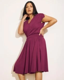 Purple Liquid Jersey V-Neck Dress with Flattering Shirred Waist