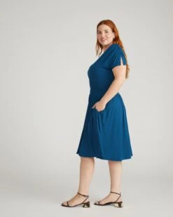 Deep Teal V-Neck Liquid Jersey Dress with Slimming Shirred Waist -UNIVERSAL STANDARD USDR1712 926 Minetta Liquid Jersey Dress Deep Teal 003 246