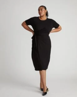 Black Liquid Jersey Wrap Dress for Work and Holiday Events -UNIVERSAL STANDARD USDR1801 001 Delilah Dress Black 001 0483