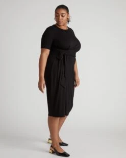 Black Liquid Jersey Wrap Dress for Work and Holiday Events -UNIVERSAL STANDARD USDR1801 001 Delilah Dress Black 003 0500