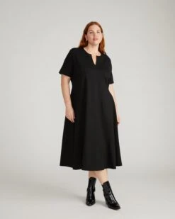 Black Ponte A-Line Work Dress with Notched Neckline