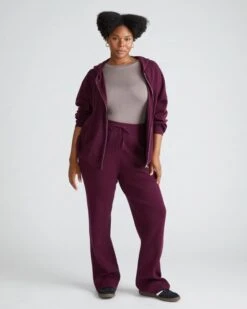 Knitted High Rise Lounge Pants - Relaxed Flared Leg Trousers in Acai