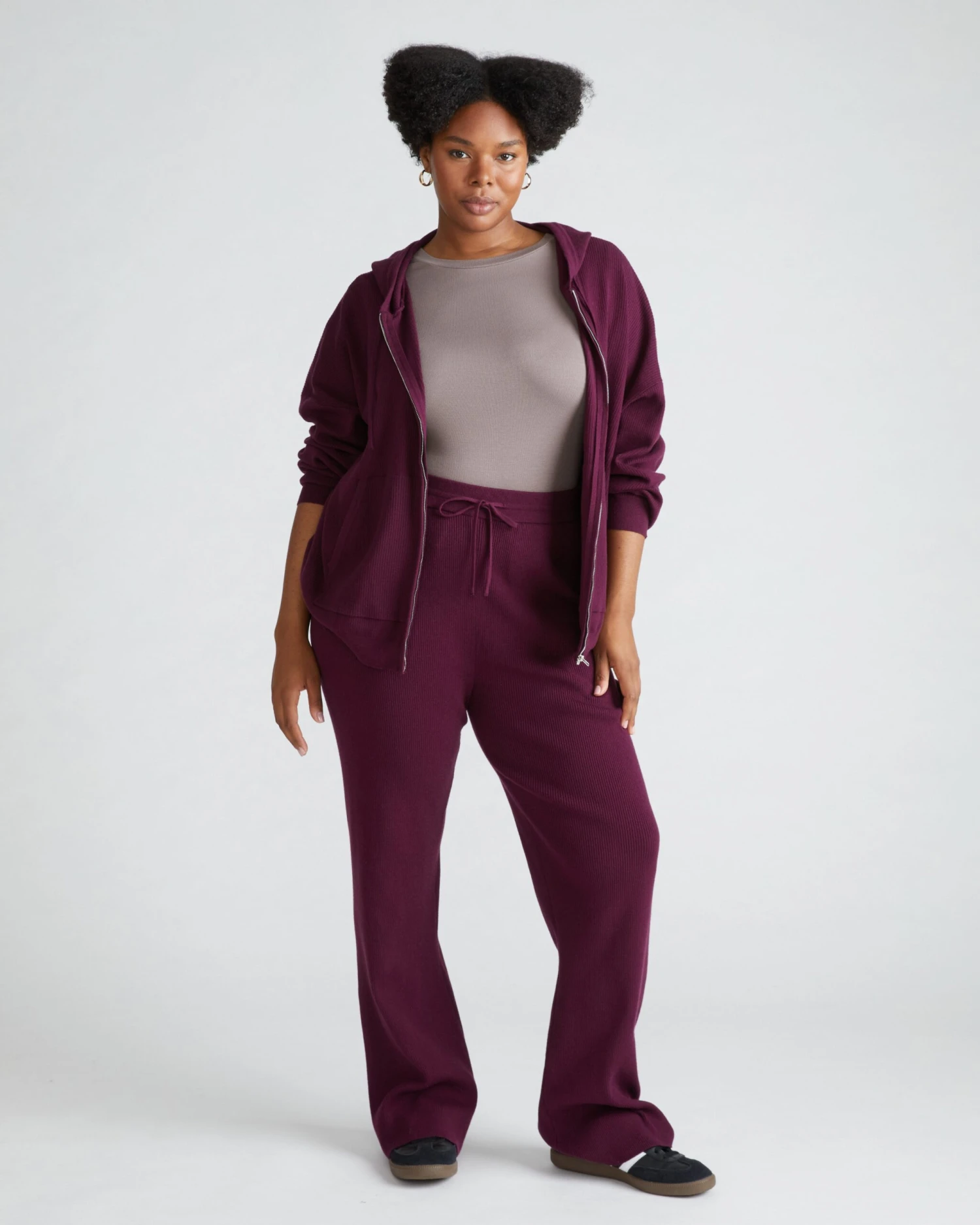 Knitted High Rise Lounge Pants - Relaxed Flared Leg Trousers in Acai 3 Knitted High Rise Lounge Pants - Relaxed Flared Leg Trousers in Acai