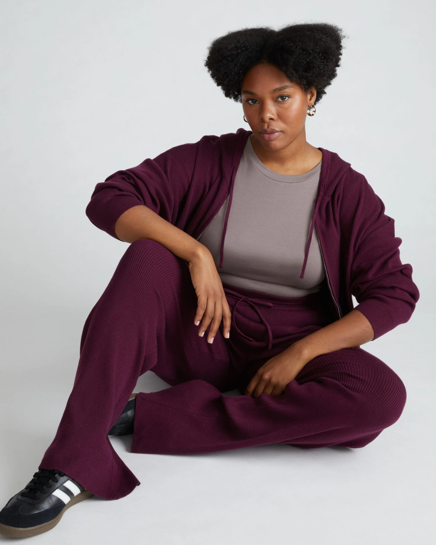 Knitted High Rise Lounge Pants - Relaxed Flared Leg Trousers in Acai 4 Knitted High Rise Lounge Pants - Relaxed Flared Leg Trousers in Acai - Image 2