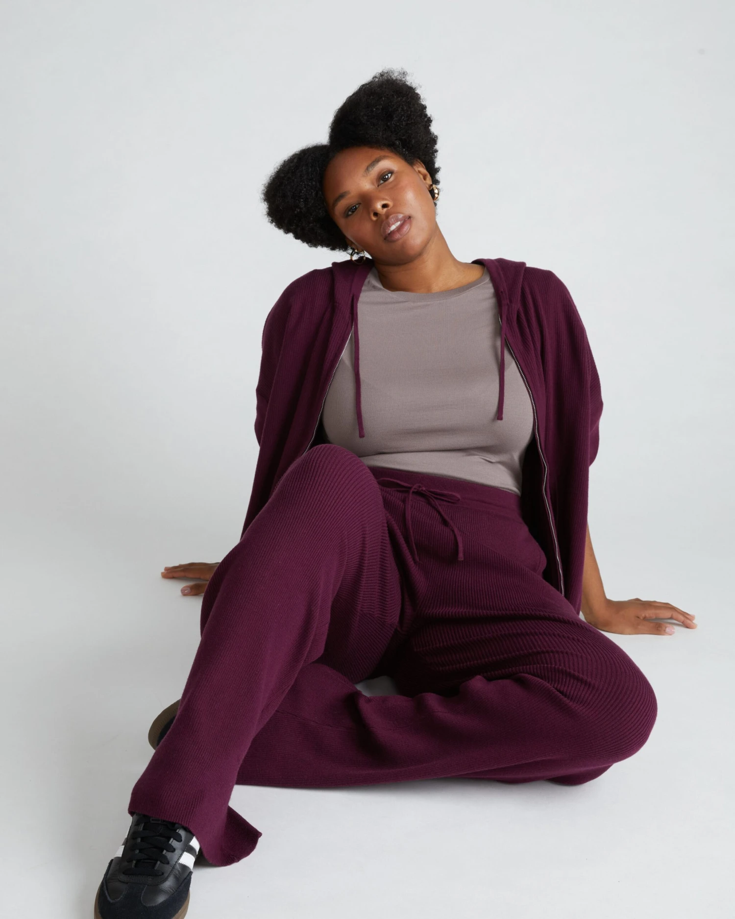 Knitted High Rise Lounge Pants - Relaxed Flared Leg Trousers in Acai 5 Knitted High Rise Lounge Pants - Relaxed Flared Leg Trousers in Acai - Image 3