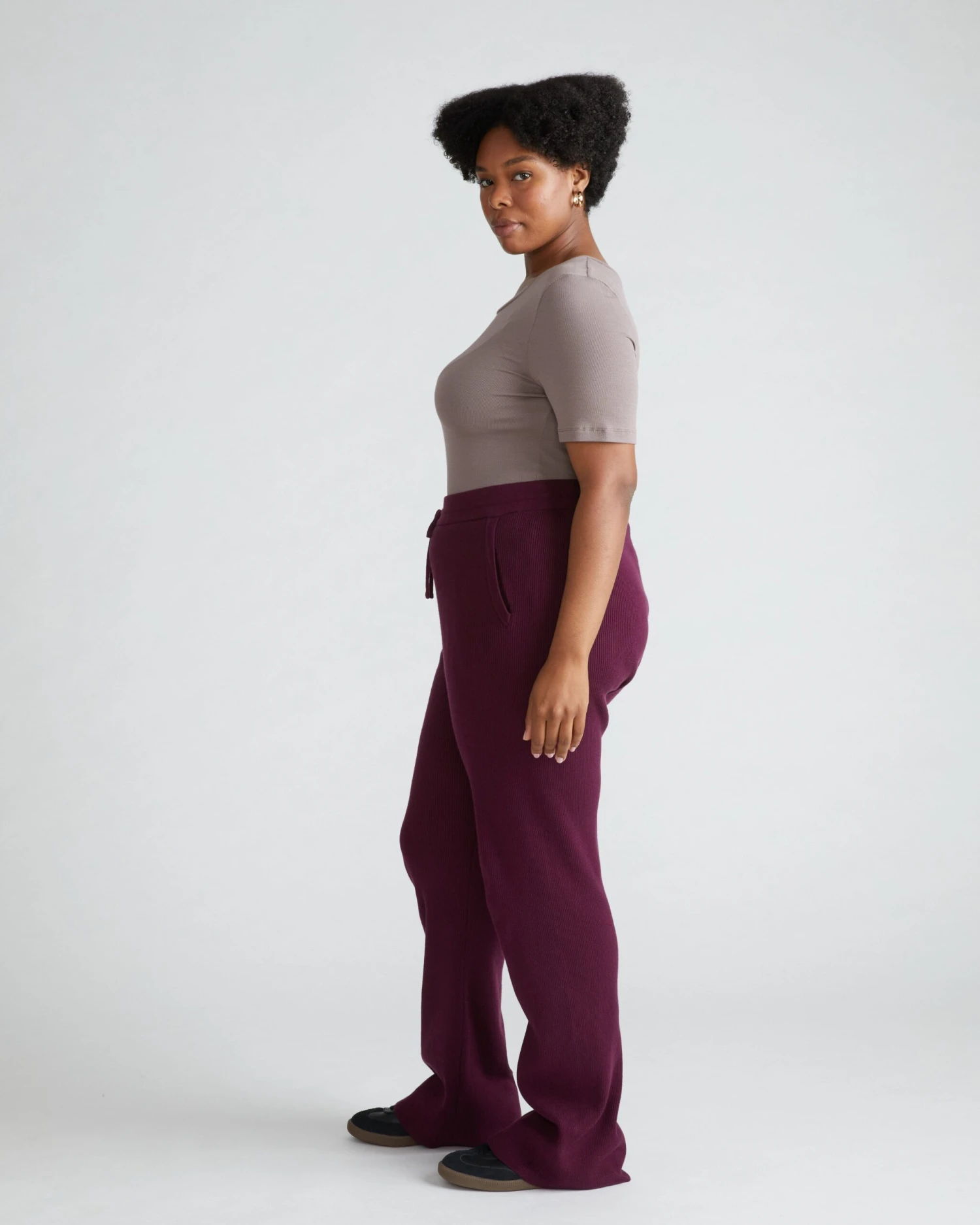 Knitted High Rise Lounge Pants - Relaxed Flared Leg Trousers in Acai 6 Knitted High Rise Lounge Pants - Relaxed Flared Leg Trousers in Acai - Image 4