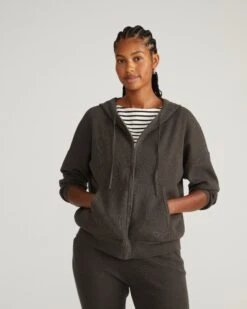 Knitted Zip Hoodie for Women - Premium Graphite Lounge Sweatshirt