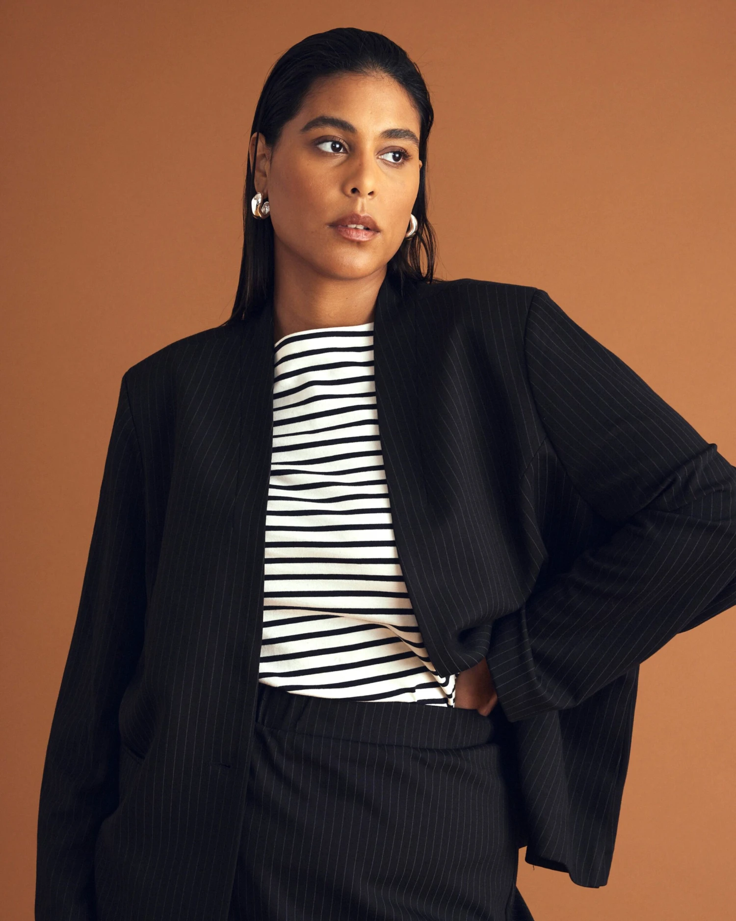 Lennox Collarless Ponte Blazer - Slate Pinstripe 4 Lennox Collarless Ponte Blazer - Slate Pinstripe - Image 2
