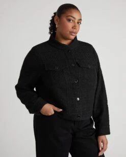 Women's Black Tweed Jacket - Cropped Stand Collar Blazer Outerwear -UNIVERSAL STANDARD USOU1873 001 Lady Jacket in Tweed Solid Black 002 0080