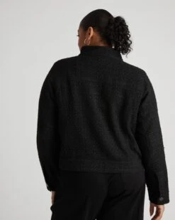 Women's Black Tweed Jacket - Cropped Stand Collar Blazer Outerwear -UNIVERSAL STANDARD USOU1873 001 Lady Jacket in Tweed Solid Black 003 0090