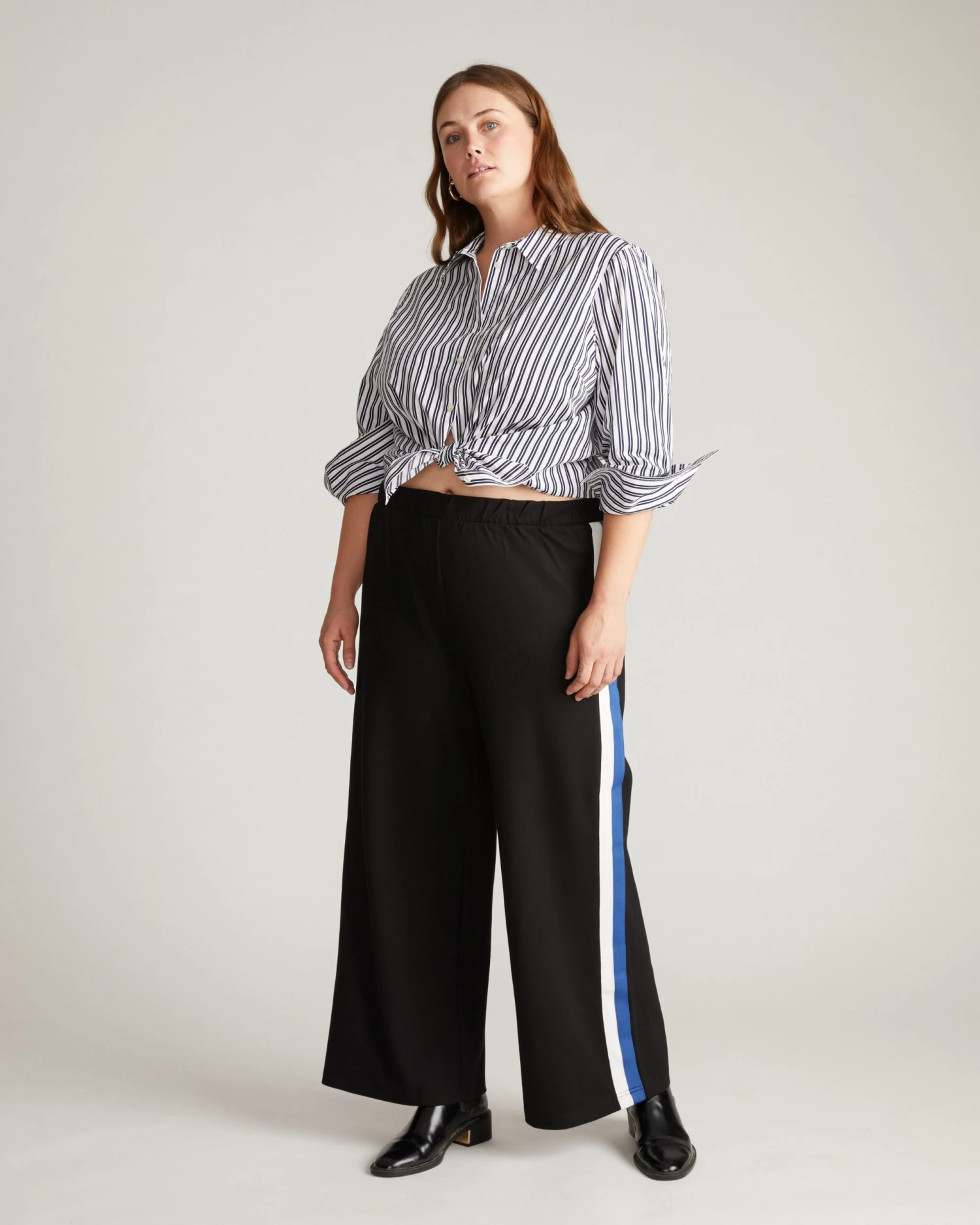 Stephanie Wide Leg Stripe Ponte Pants 30 Inch - Black With Blue/White Stripe