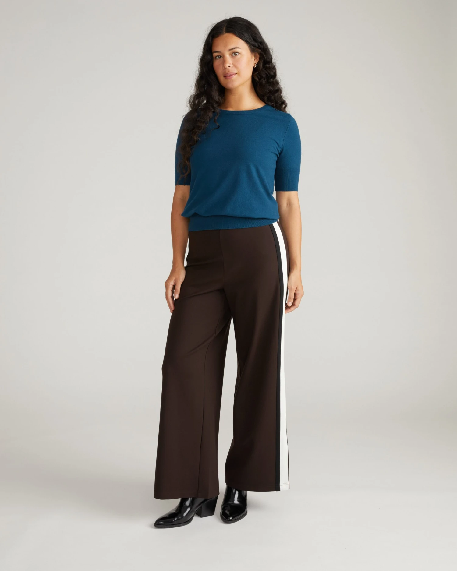 Stephanie Wide Leg Stripe Ponte Pants 30 Inch - Espresso With Black/Ecru Stripe 5 Stephanie Wide Leg Stripe Ponte Pants 30 Inch - Espresso With Black/Ecru Stripe - Image 3