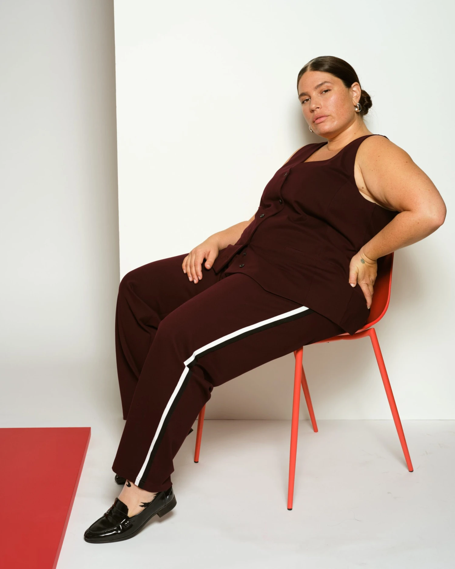 Audrey Tailored Ponte Pants - Black Cherry With Black/White Stripe 4 Audrey Tailored Ponte Pants - Black Cherry With Black/White Stripe - Image 2