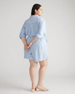 Lightweight Blue & White Striped Beach Shorts with Elastic Waist -UNIVERSAL STANDARD USPA1625B 433 Shorts Blue White Stripe 003 004