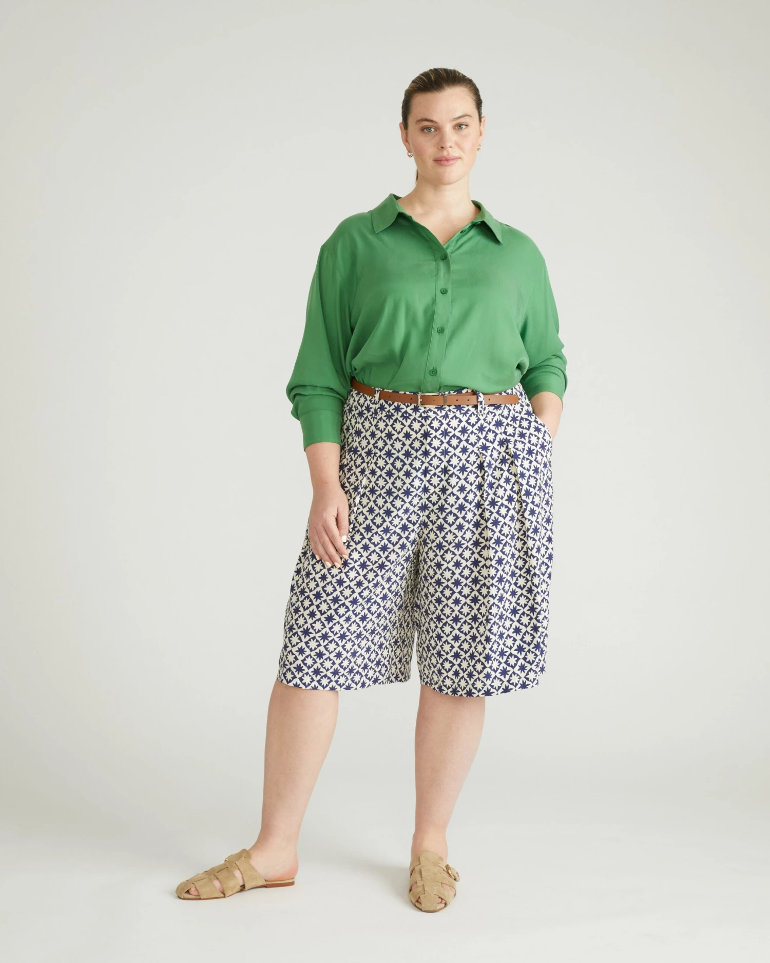 Cooling Stretch Cupro Bermuda Shorts - Navy Hacienda Print 3 Cooling Stretch Cupro Bermuda Shorts - Navy Hacienda Print
