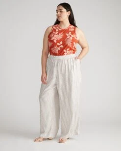 Lightweight Striped Rayon Voile Pants - White & Beige Summer Trousers