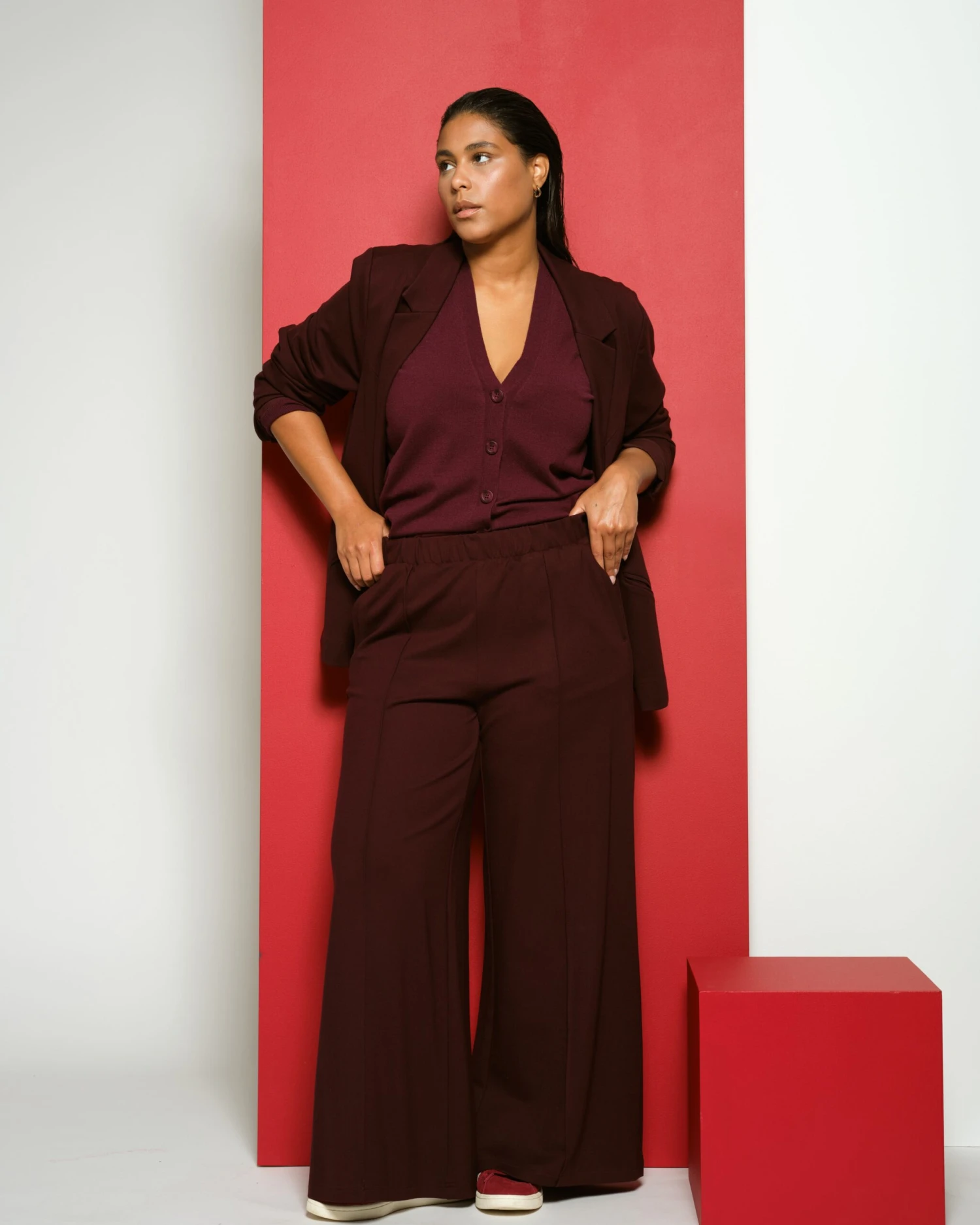 Pam Pintuck Wide Leg Ponte Pants - Black Cherry 4 Pam Pintuck Wide Leg Ponte Pants - Black Cherry - Image 2