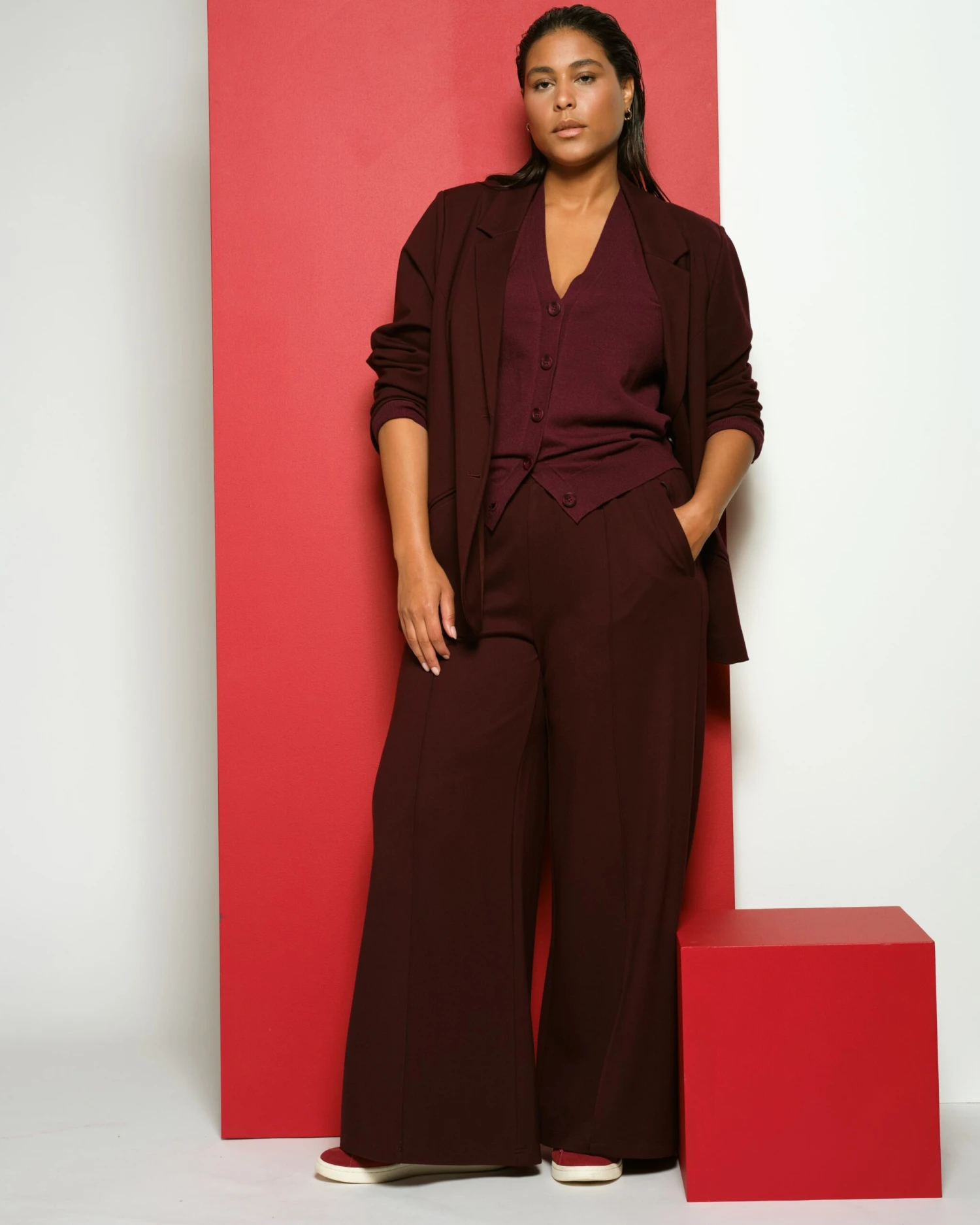 Pam Pintuck Wide Leg Ponte Pants - Black Cherry 5 Pam Pintuck Wide Leg Ponte Pants - Black Cherry - Image 3