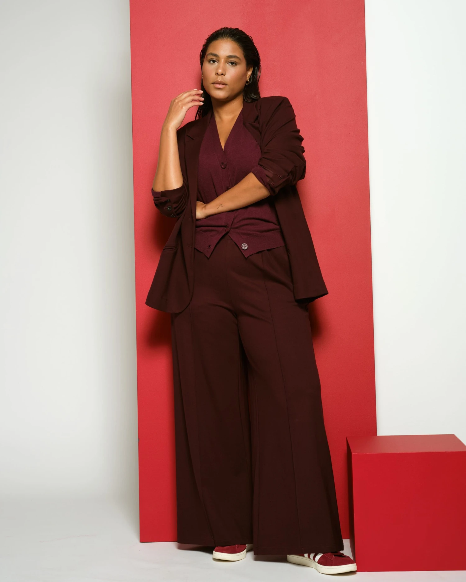 Pam Pintuck Wide Leg Ponte Pants - Black Cherry 6 Pam Pintuck Wide Leg Ponte Pants - Black Cherry - Image 4