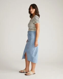 Stretch Denim Pencil Skirt - Clear Sky Mid-Rise Raw Hem -UNIVERSAL STANDARD USSK1291 715Dakota Denim SkirtPale Blue 002 079