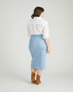 Stretch Denim Pencil Skirt - Clear Sky Mid-Rise Raw Hem -UNIVERSAL STANDARD USSK1291 715Dakota Denim SkirtPale Blue 003 002