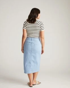 Stretch Denim Pencil Skirt - Clear Sky Mid-Rise Raw Hem -UNIVERSAL STANDARD USSK1291 715Dakota Denim SkirtPale Blue 003 083