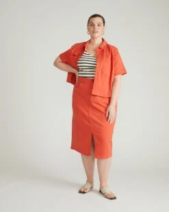 Dakota Coral Denim Pencil Skirt with Stretch and Raw Hem