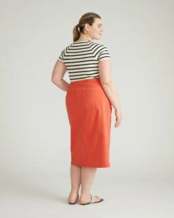 Dakota Coral Denim Pencil Skirt with Stretch and Raw Hem -UNIVERSAL STANDARD USSK1291 902Dakota Denim SkirtVermillion 003 003