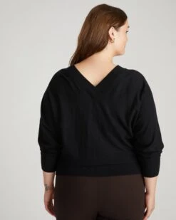 Savvy Black Fine Knit Sweater Blouse - Lightweight V-Neck Top -UNIVERSAL STANDARD USSW1246B 001 Savvy Fine Knit Sweater Blouse Black 003 145