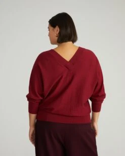 Savvy Fine Knit Sweater Blouse in Garnet - Elegant V-Neck Pullover -UNIVERSAL STANDARD USSW1246B 943 Savvy Fine Knit Sweater Blouse Garnet 003 036