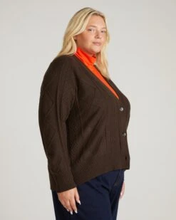 Espresso Brown Soft Cable Knit Cardigan - Ultra-Cozy Aran Knit -UNIVERSAL STANDARD USSW1254C 808 Cable Knit Cardigan Chocolate 002 045