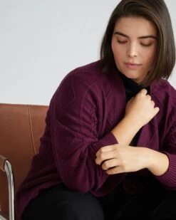 Soft Cable Knit Cardigan in Acai - Luxury Cashmere Feel Sweaters