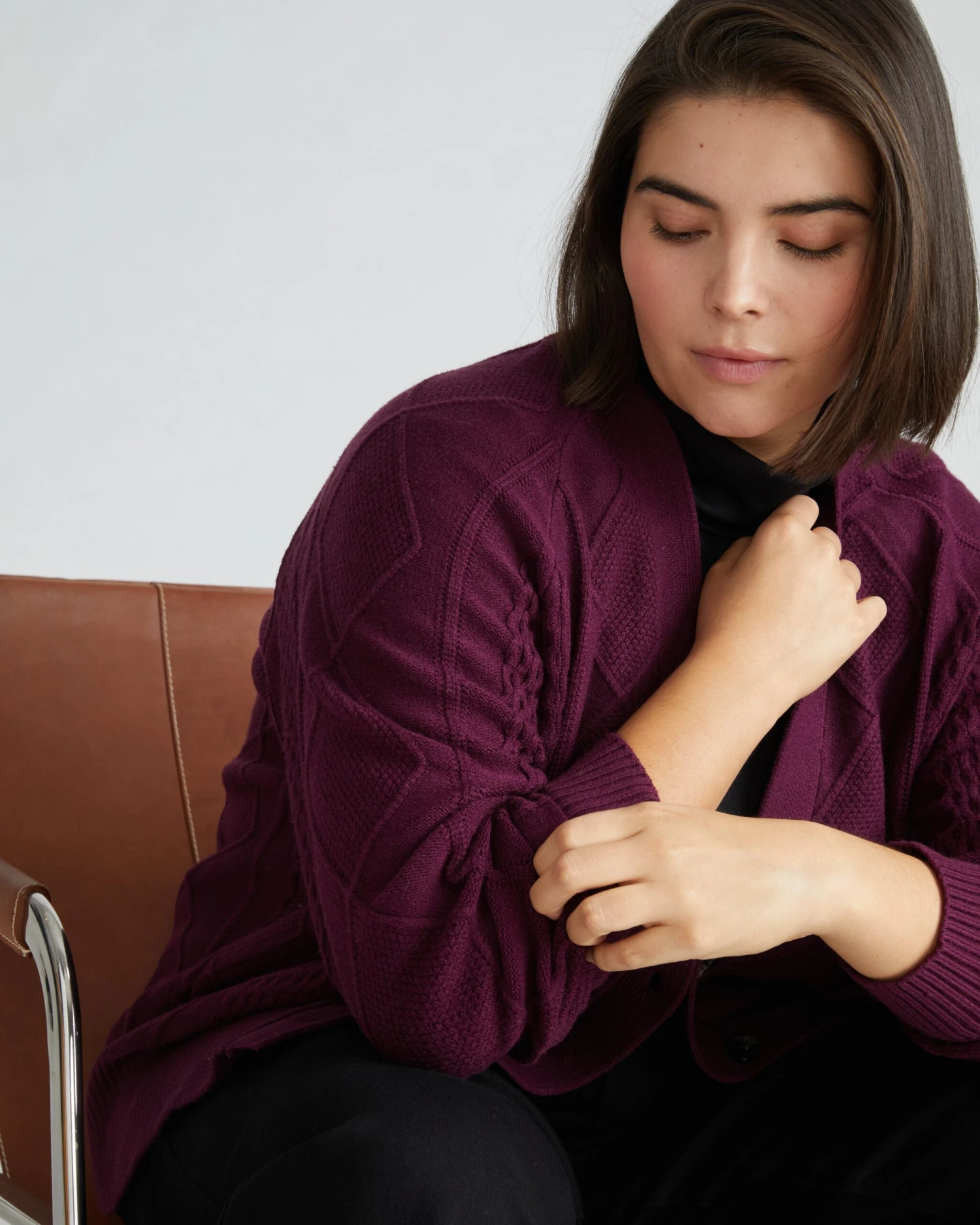 Soft Cable Knit Cardigan in Acai - Luxury Cashmere Feel Sweaters 3 Soft Cable Knit Cardigan in Acai - Luxury Cashmere Feel Sweaters