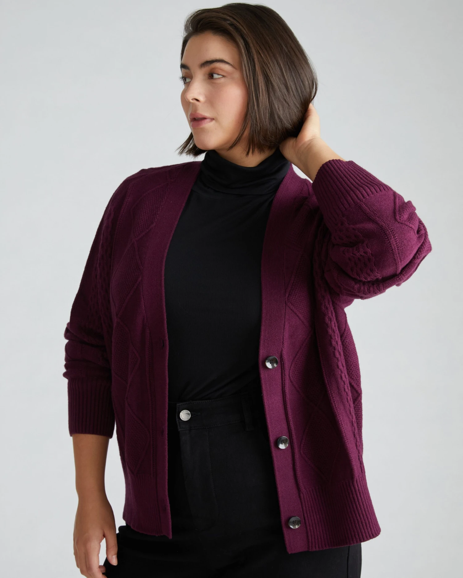 Soft Cable Knit Cardigan in Acai - Luxury Cashmere Feel Sweaters 4 Soft Cable Knit Cardigan in Acai - Luxury Cashmere Feel Sweaters - Image 2