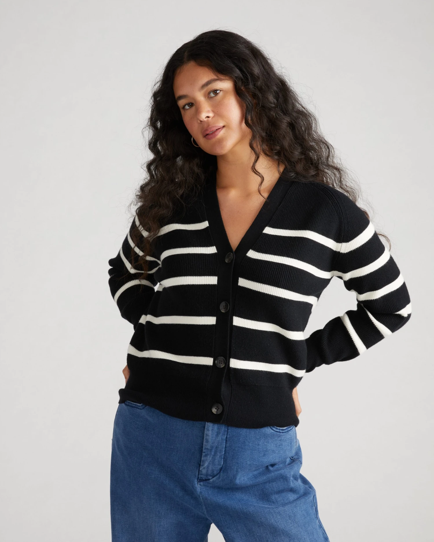 Striped Knit Cardigan: Ultra-Soft Cashmere Alternative in Black and Cream - Image 3