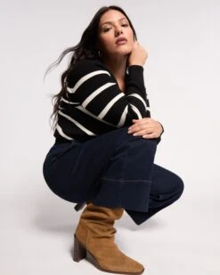 Striped Knit Cardigan: Ultra-Soft Cashmere Alternative in Black and Cream