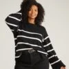Bardot Wide Sleeve Cotton Sweater - Black/White Striped Knit