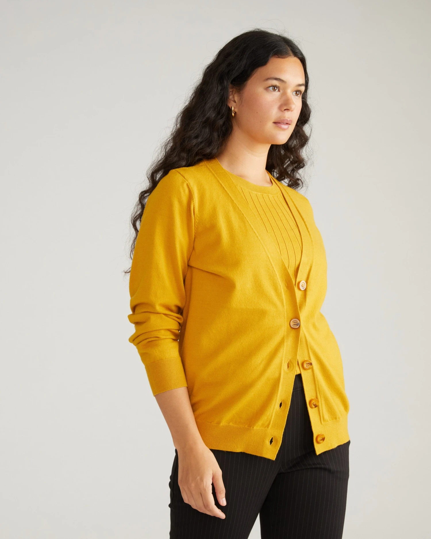 Savvy Fine Knit Cardigan - Mustard Yellow Layering Sweater 4 Savvy Fine Knit Cardigan - Mustard Yellow Layering Sweater - Image 2