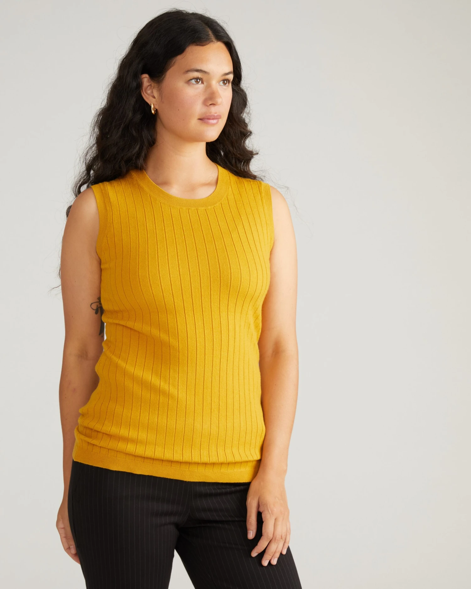 Savvy Fine Knit Sleeveless Sweater Shell in Mustard 4 Savvy Fine Knit Sleeveless Sweater Shell in Mustard - Image 2