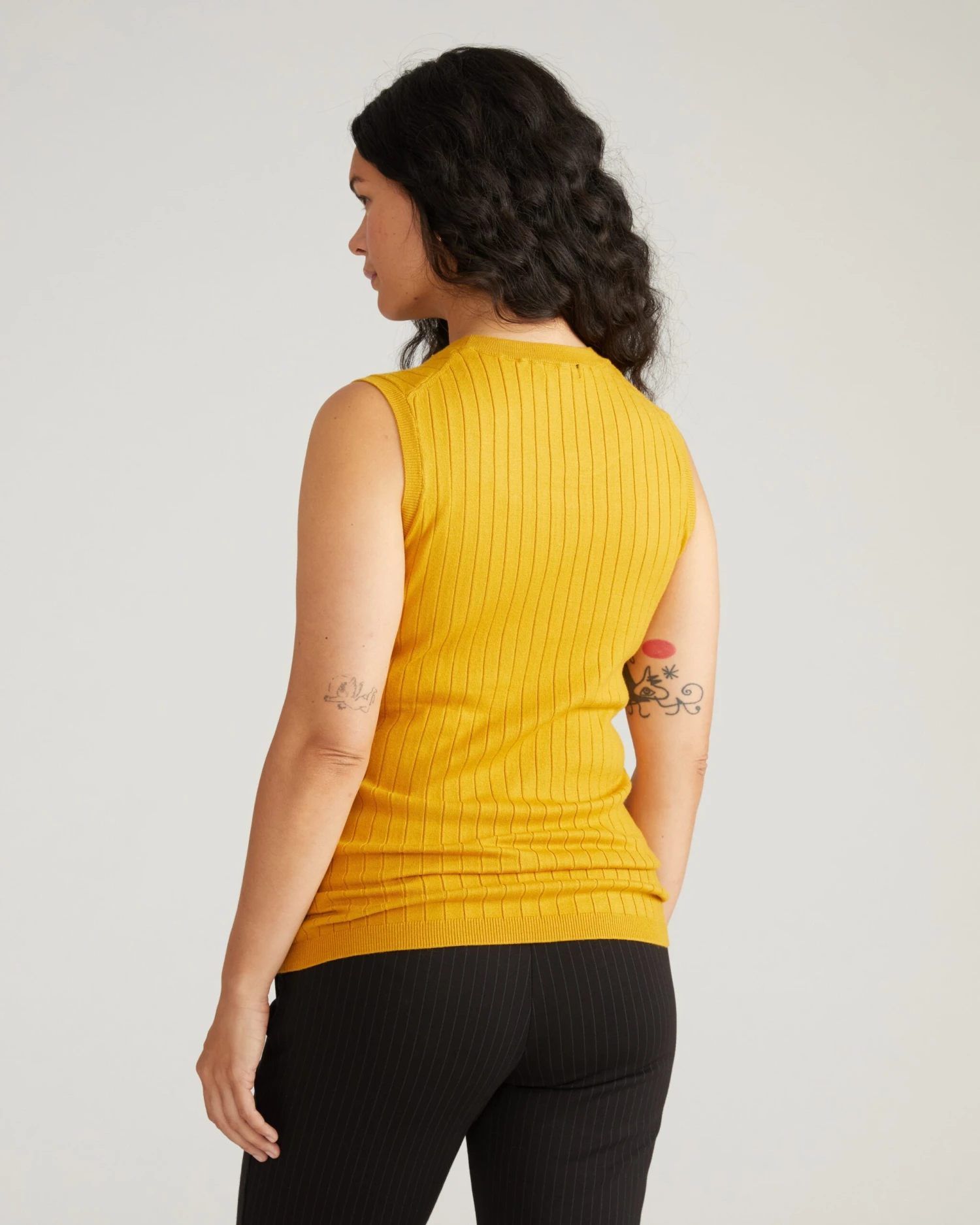 Savvy Fine Knit Sleeveless Sweater Shell in Mustard 5 Savvy Fine Knit Sleeveless Sweater Shell in Mustard - Image 3