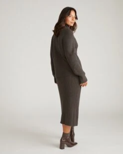 Wrap Neck Sweater in Graphite - Cozy Knit Pullover for Women -UNIVERSAL STANDARD USSW2010 733 Better Than Wool Arly Wrap Neck Sweater Graphite 003 207