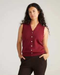 Savvy Fine Knit Cardigan Vest in Red Geranium - Elegant Layering Piece 10 Savvy Fine Knit Cardigan Vest in Red Geranium - Elegant Layering Piece -UNIVERSAL STANDARD USSW2015 190 Savvy Fine Knit Frankie Cardigan Vest Black Cherry 001 636