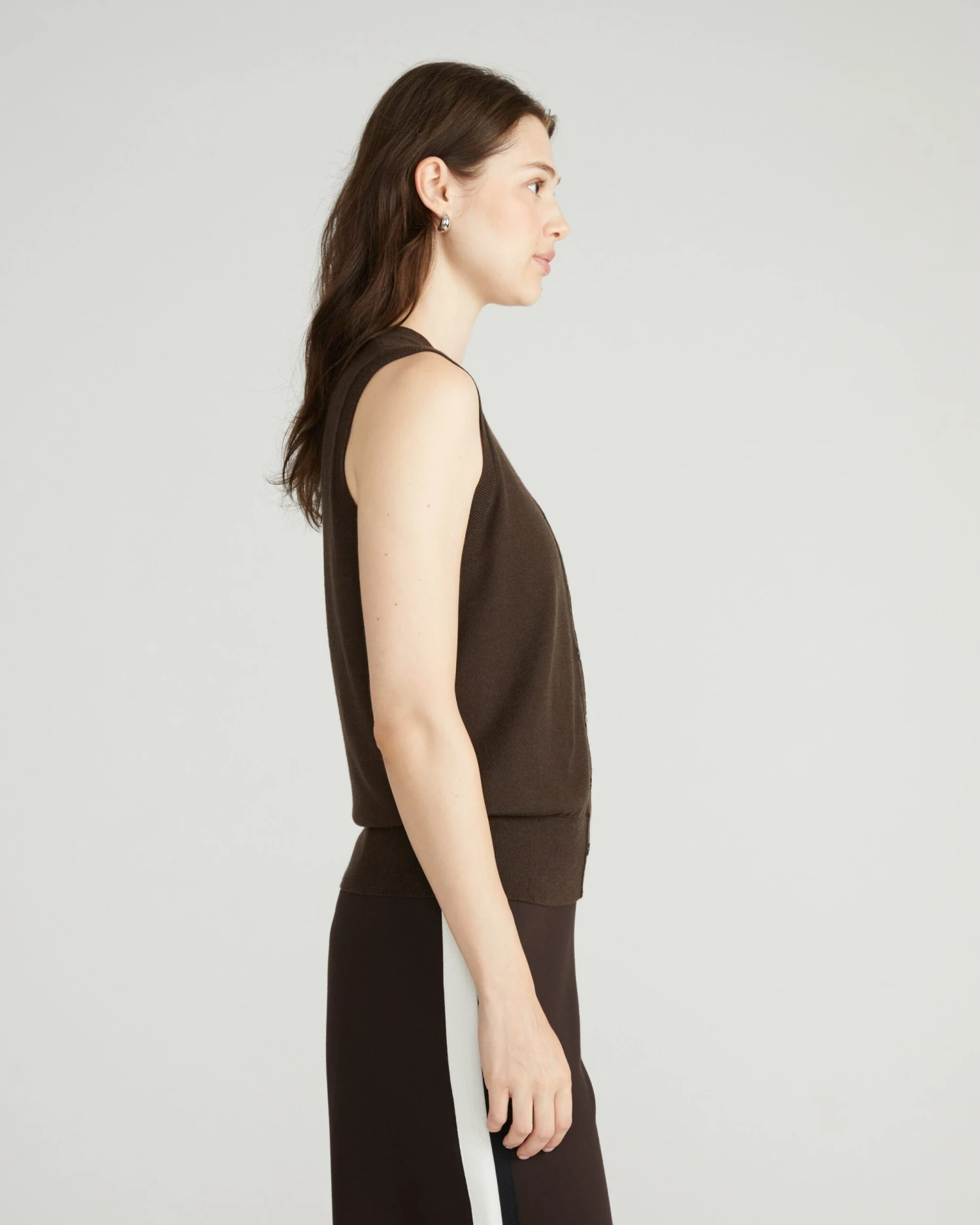 Fine Knit Cardigan Vest - Espresso Women's Sleeveless Sweater - Image 4