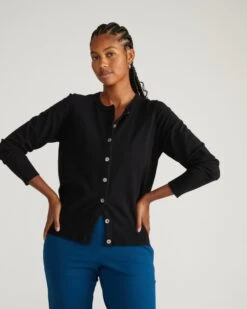 Savvy Fine Knit Crewneck Cardigan - Black Layering Staple