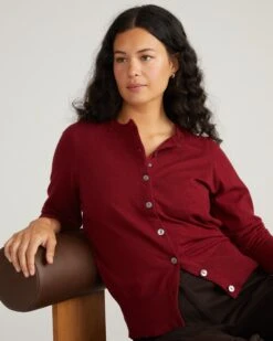 Savvy Fine Knit Crewneck Cardigan in Garnet